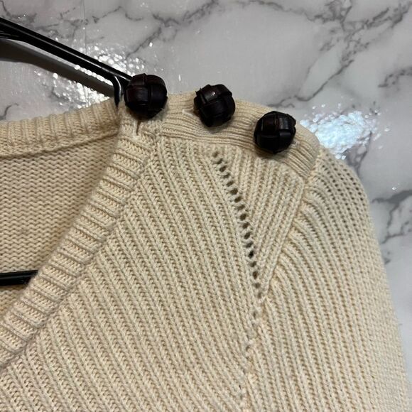 Ba&sh V Neck Women’s Sweater Sz 1 Cream Ribber Knit Wool Cashmere Button Accent - Picture 2 of 10